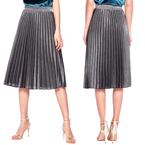 Pleated Full A Line Midi Skater Skirt Dark Silver - Picture 5 of 5
